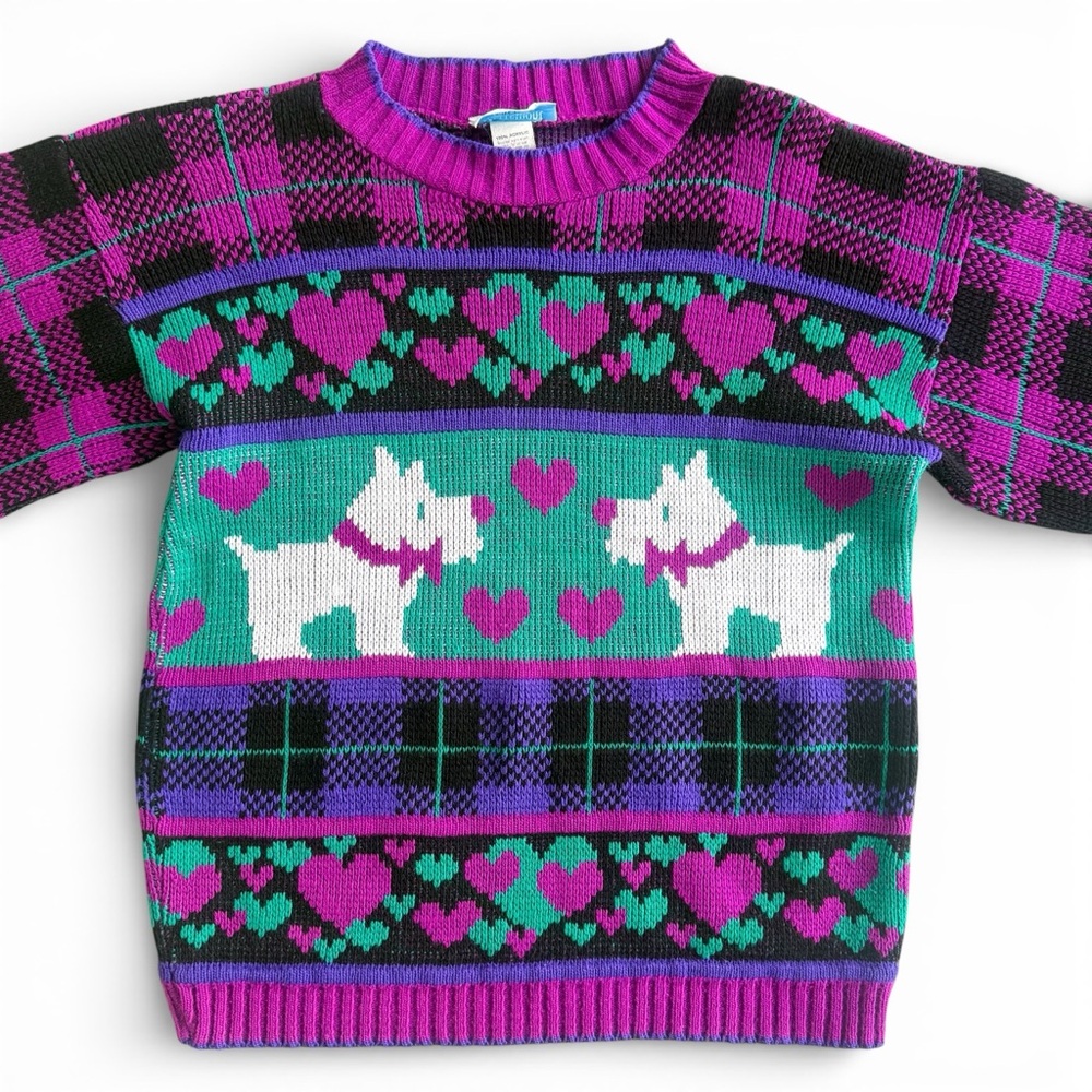 Vintage 80s Purple Green Scottie Dog Knit Sweater Hearts Plaid Girls 10-12 - Picture 2 of 11